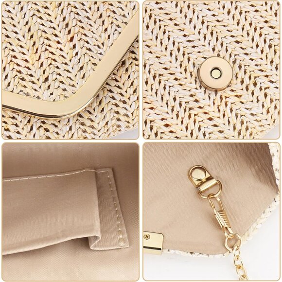 Women's Beige Clutch Purses Sparkling Envelope Evening Bag with Detachable Chain - Picture 6 of 9